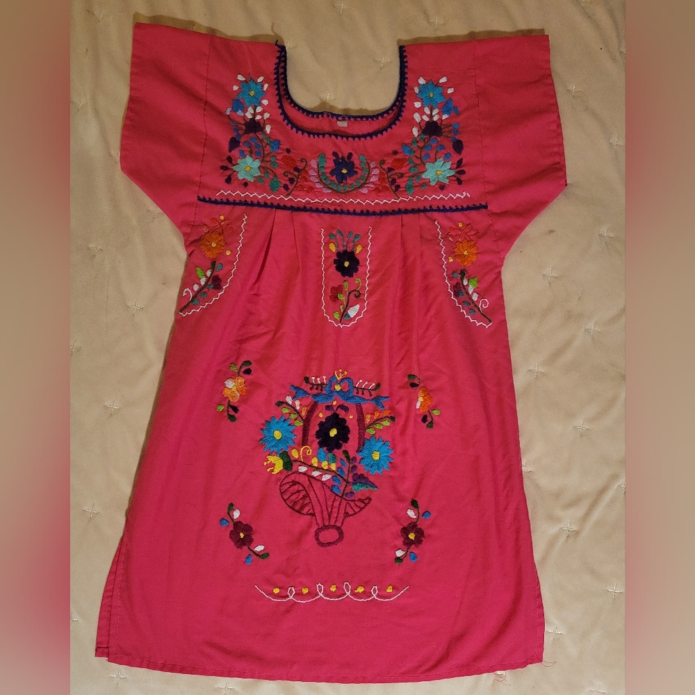 Mexican Pink Embroidered Kids Dress